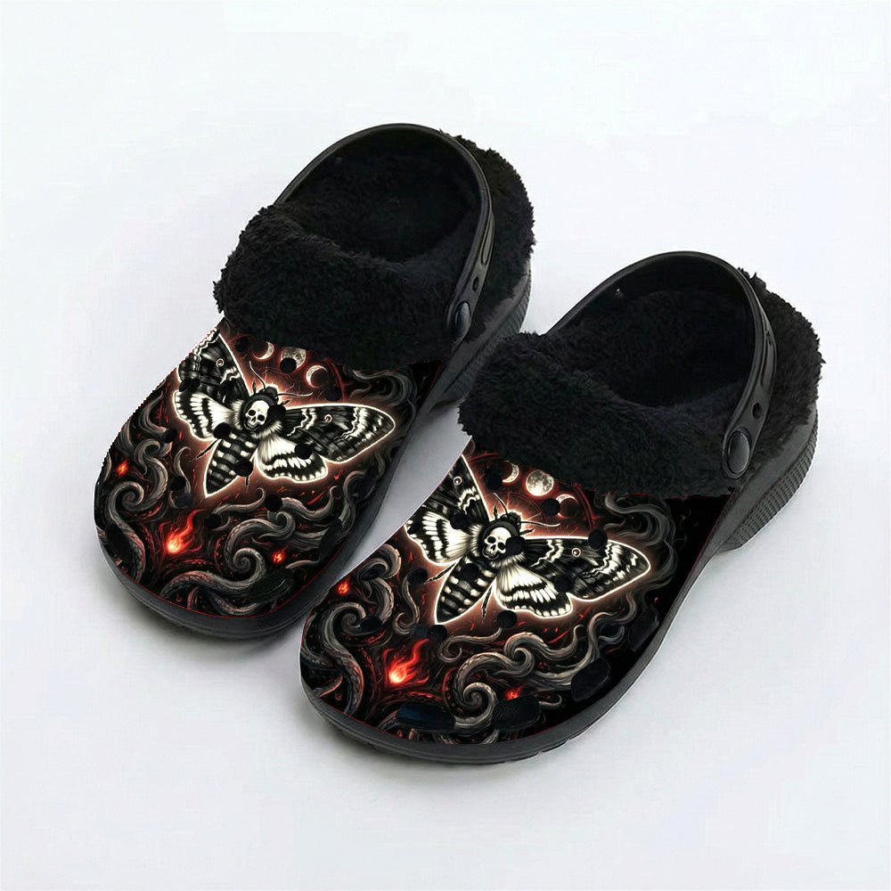 Abyss Fog Death Moth Print Fleece-Lined Clogs