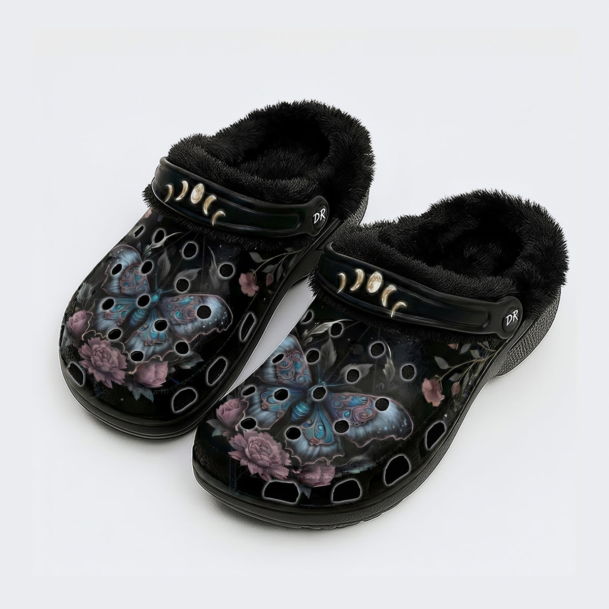 Floral Moth Print Fleece-Lined Clogs