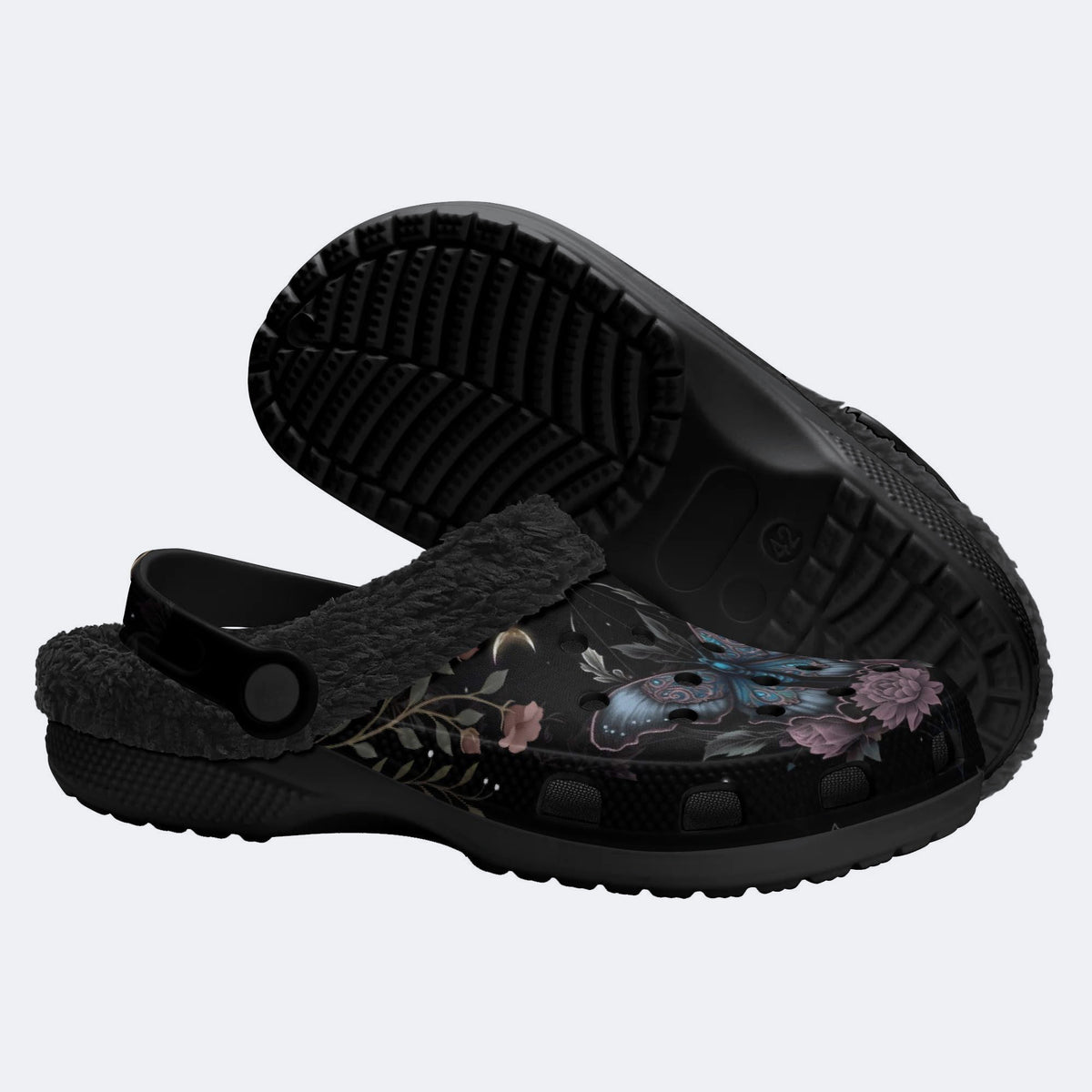 Floral Moth Print Fleece-Lined Clogs