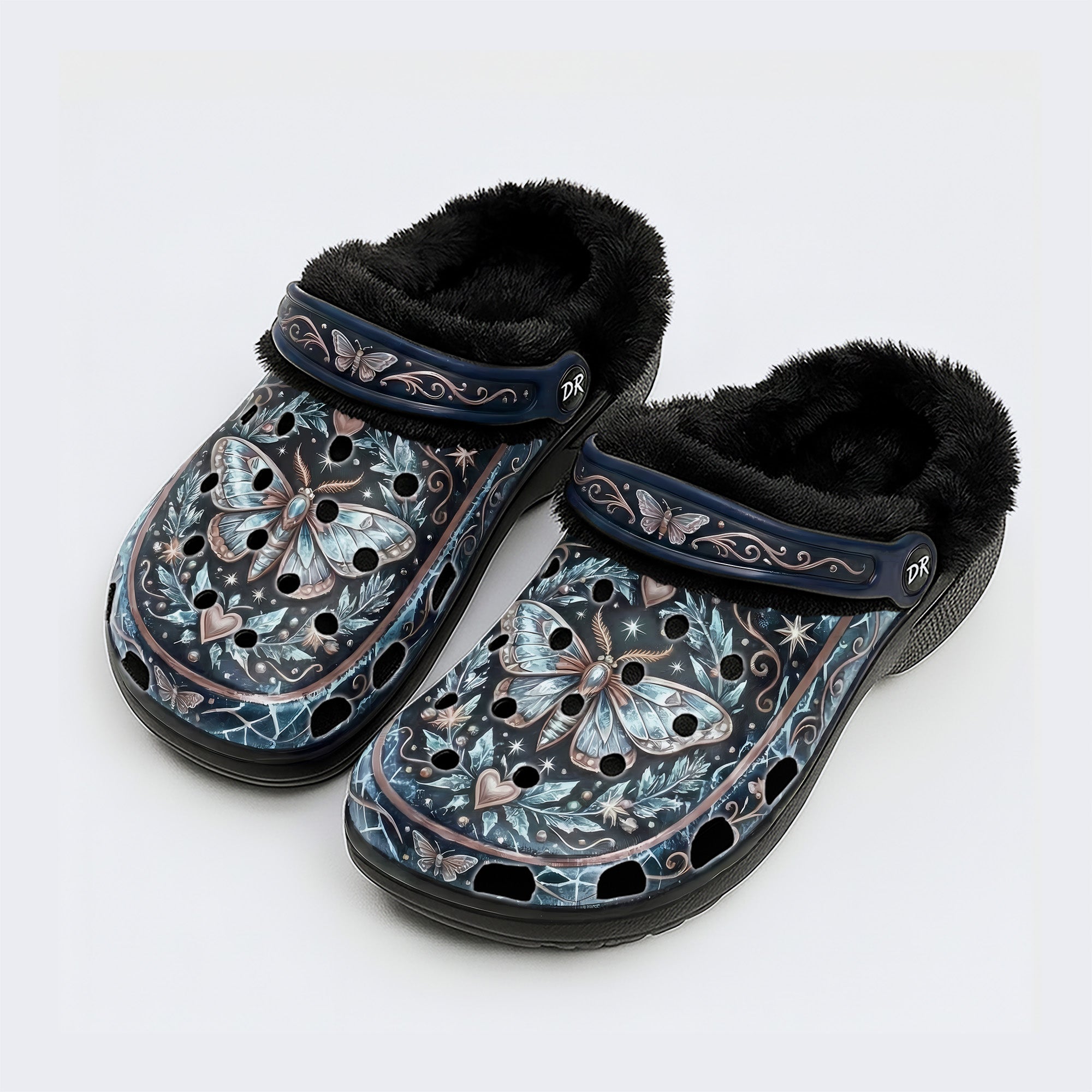 Ice Clogs Ice Crystal Wreath Moth Print Fleece-Lined Clogs– Dolls Rebel