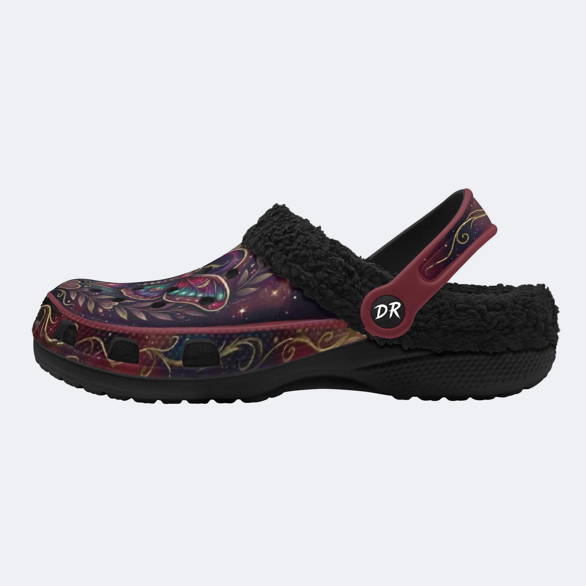 Dark Romantic Psychedelic Moth Print Fleece-Lined Clogs