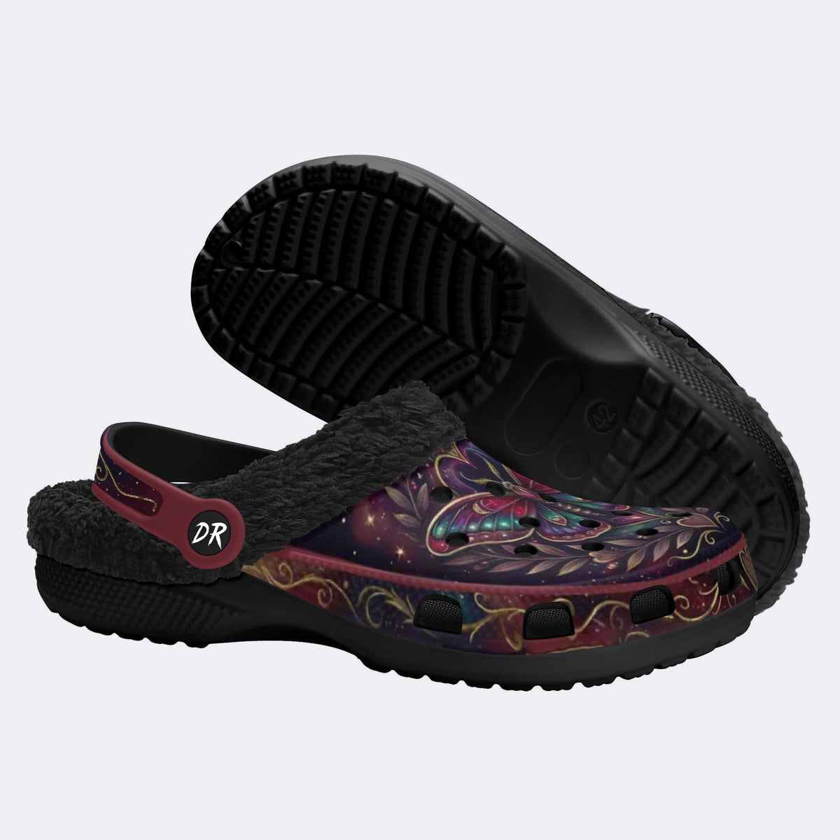 Dark Romantic Psychedelic Moth Print Fleece-Lined Clogs