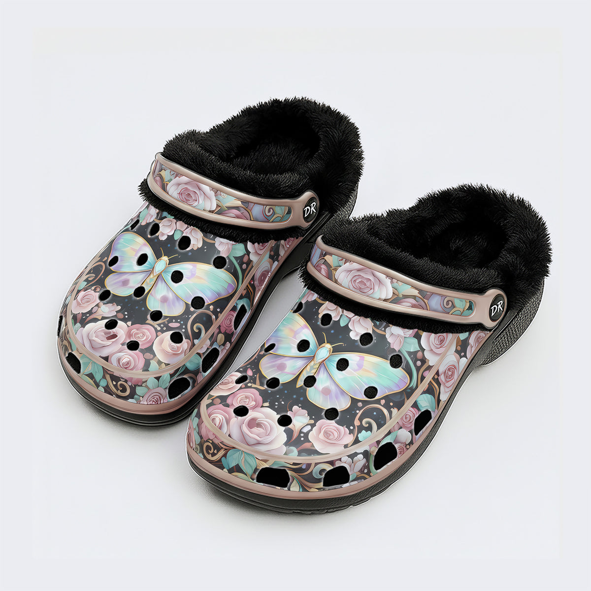 Iridescent Romantic Moth Print Fleece-Lined Clogs