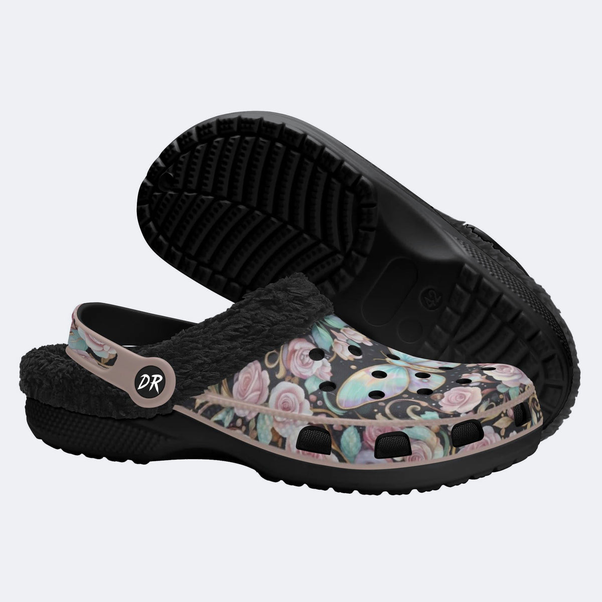 Iridescent Romantic Moth Print Fleece-Lined Clogs