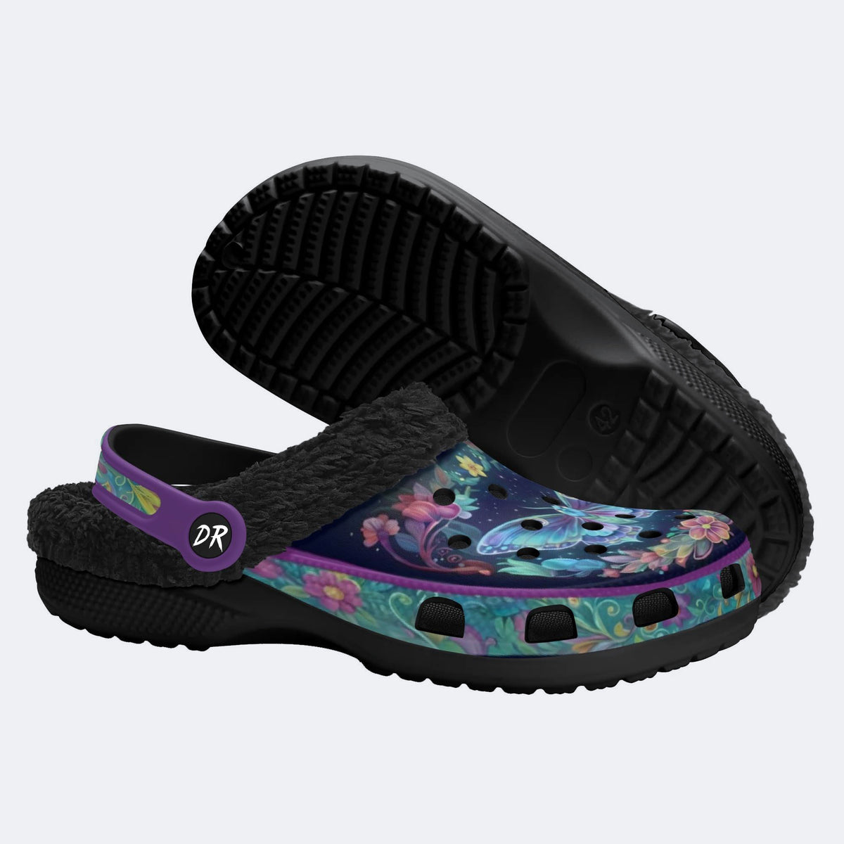 Flowing Floral Field Celestial Moth Print Fleece-Lined Clogs