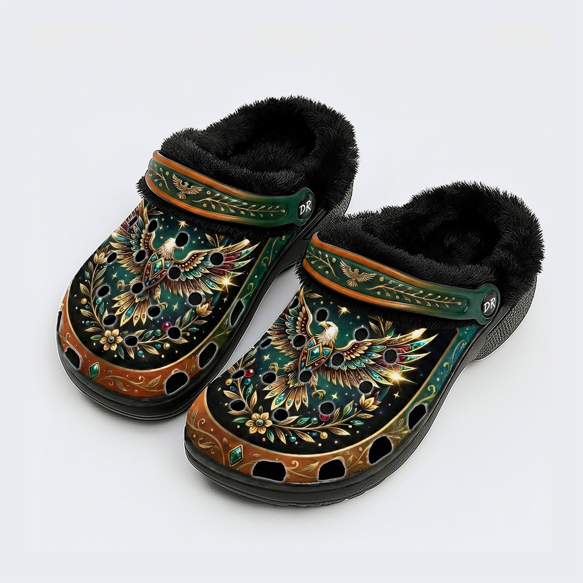 Jewel Eagle Vintage Wreath Print Fleece-Lined Clogs