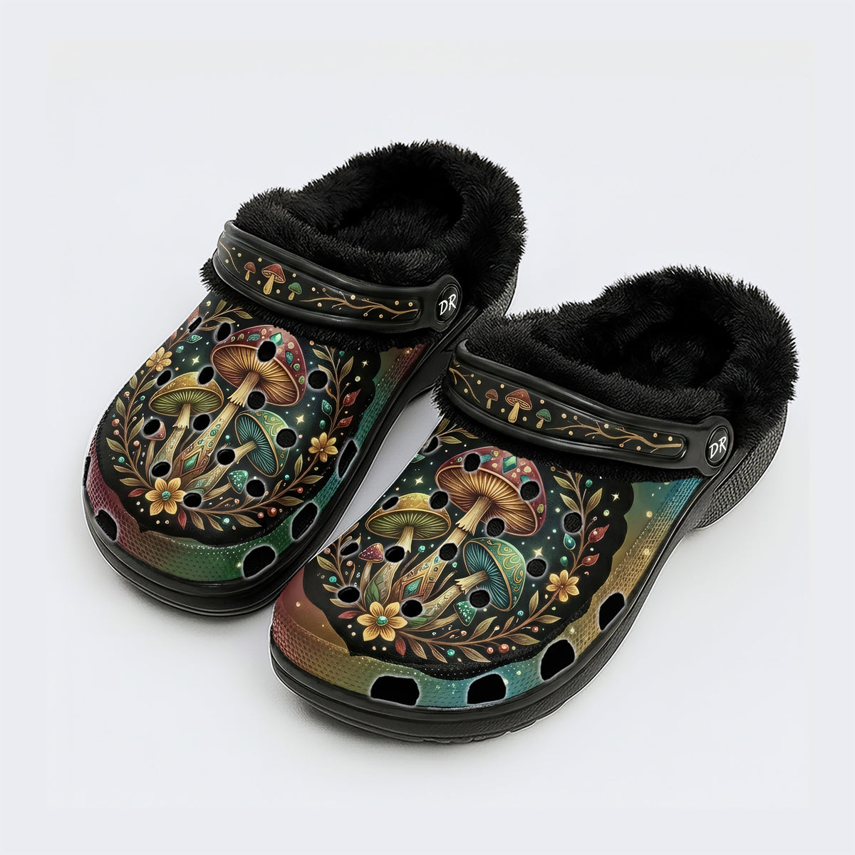 Jewel Mushroom Vintage Wreath Print Fleece-Lined Clogs