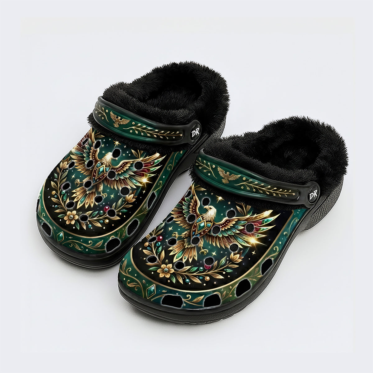 Jewel Eagle Vintage Wreath Print Fleece-Lined Clogs