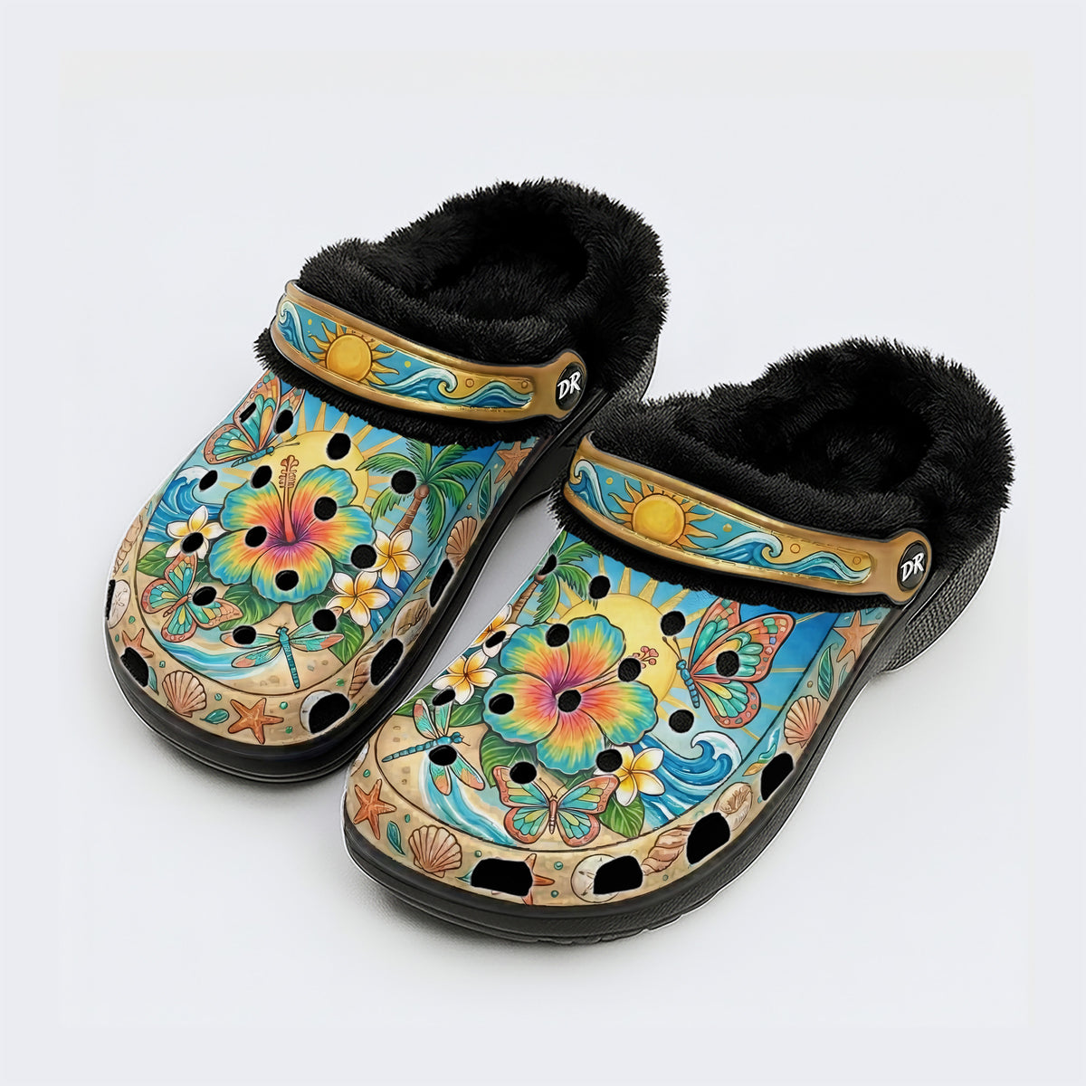Tropical Sun Butterfly Print Fleece-Lined Clogs