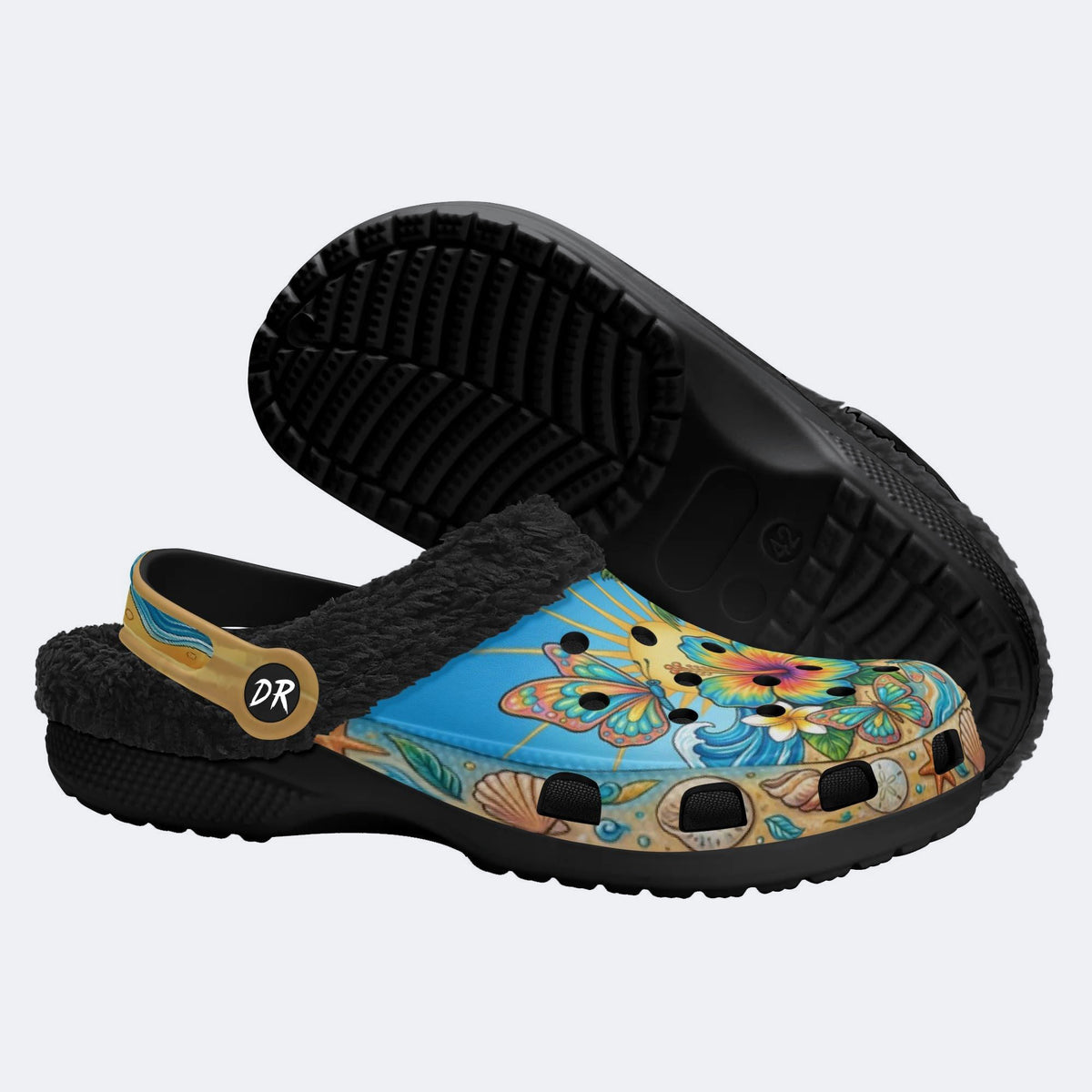 Tropical Sun Butterfly Print Fleece-Lined Clogs