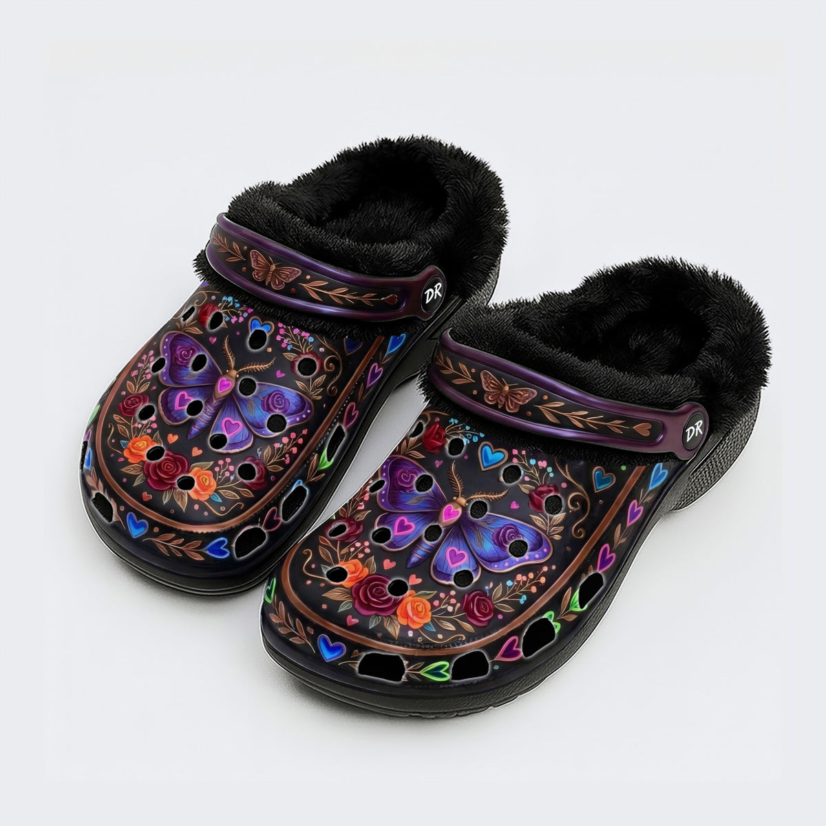 Psychedelic Moth Vintage Wreath Print Fleece-Lined Clogs