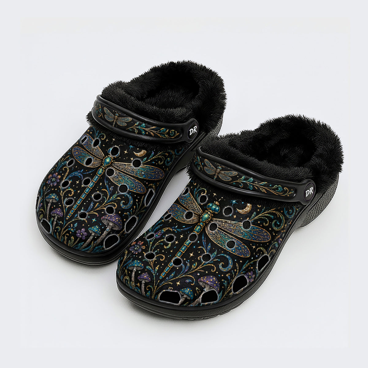 Vintage Dragonfly Print Fleece-Lined Clogs
