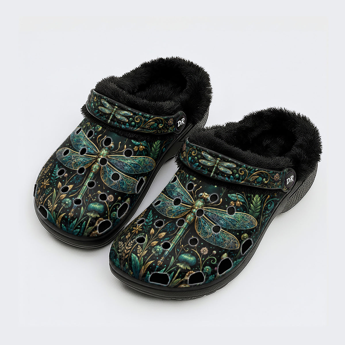 Dragonfly Forest Print Fleece-Lined Clogs