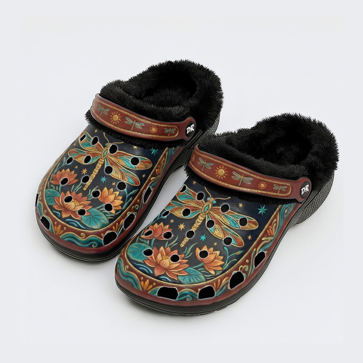 Vintage Dragonfly Flowers Print Fleece-Lined Clogs