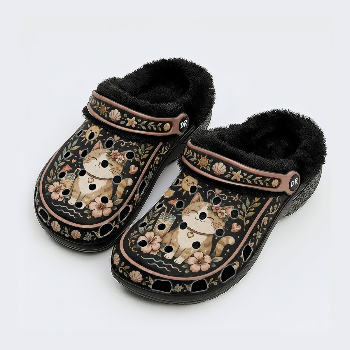 Sunny Cat Coastal Floral Print Fleece-Lined Clogs