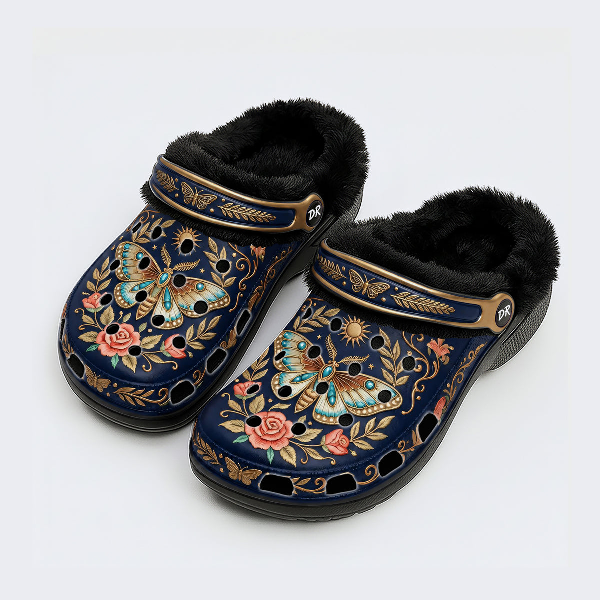 Vintage Moth Rose Print Fleece-Lined Clogs