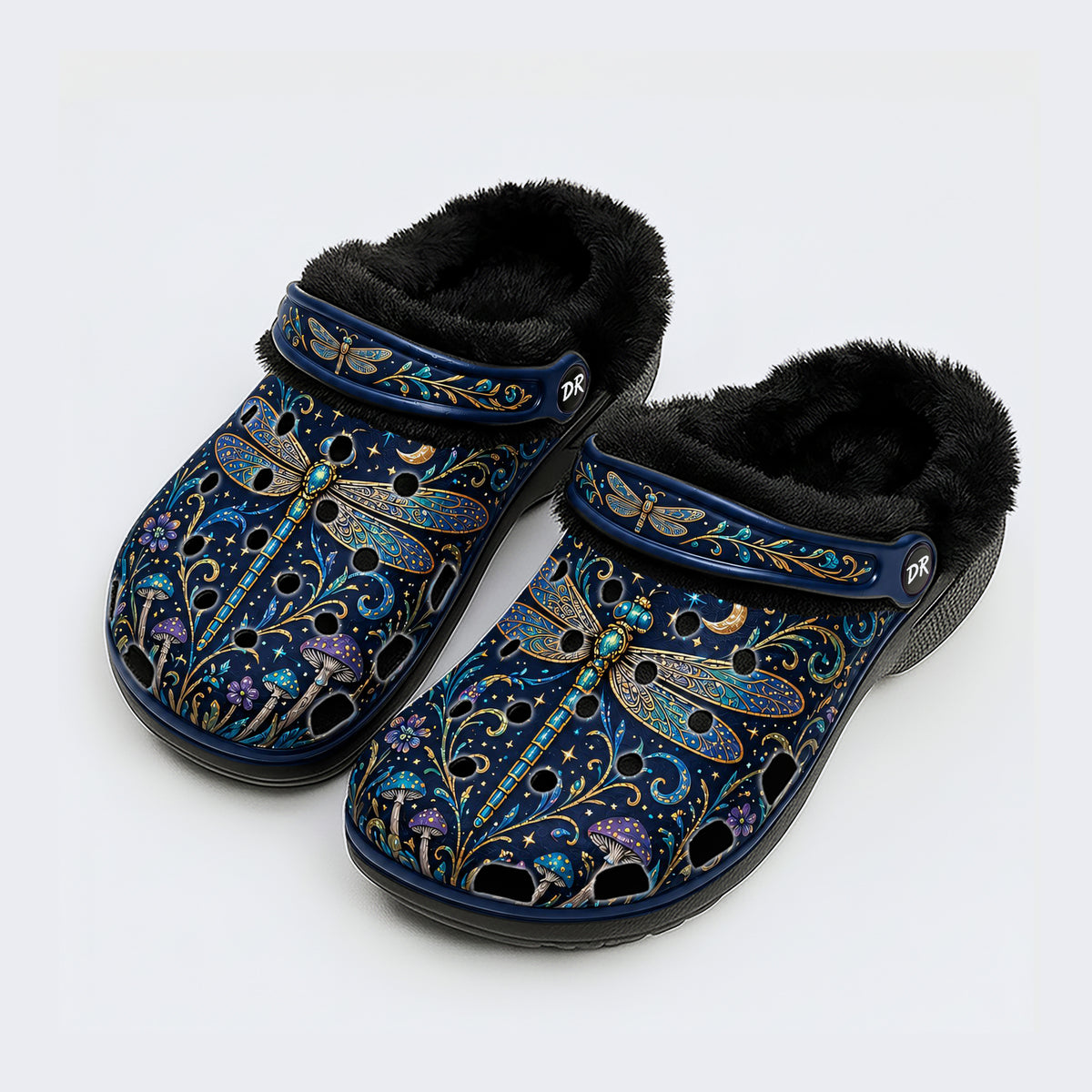 Vintage Dragonfly Print Fleece-Lined Clogs