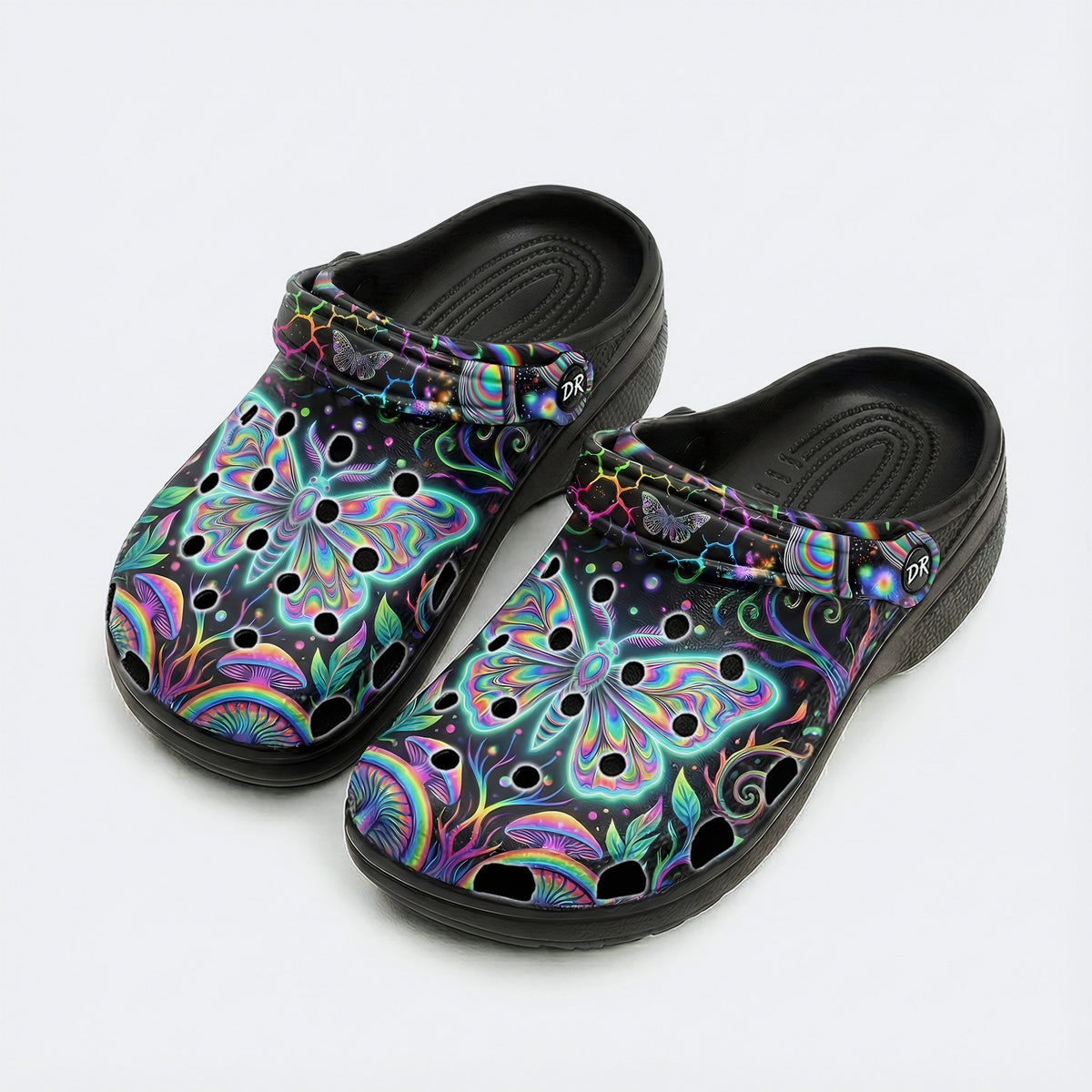 Neon Blue Green Psychedelic Moth Clogs