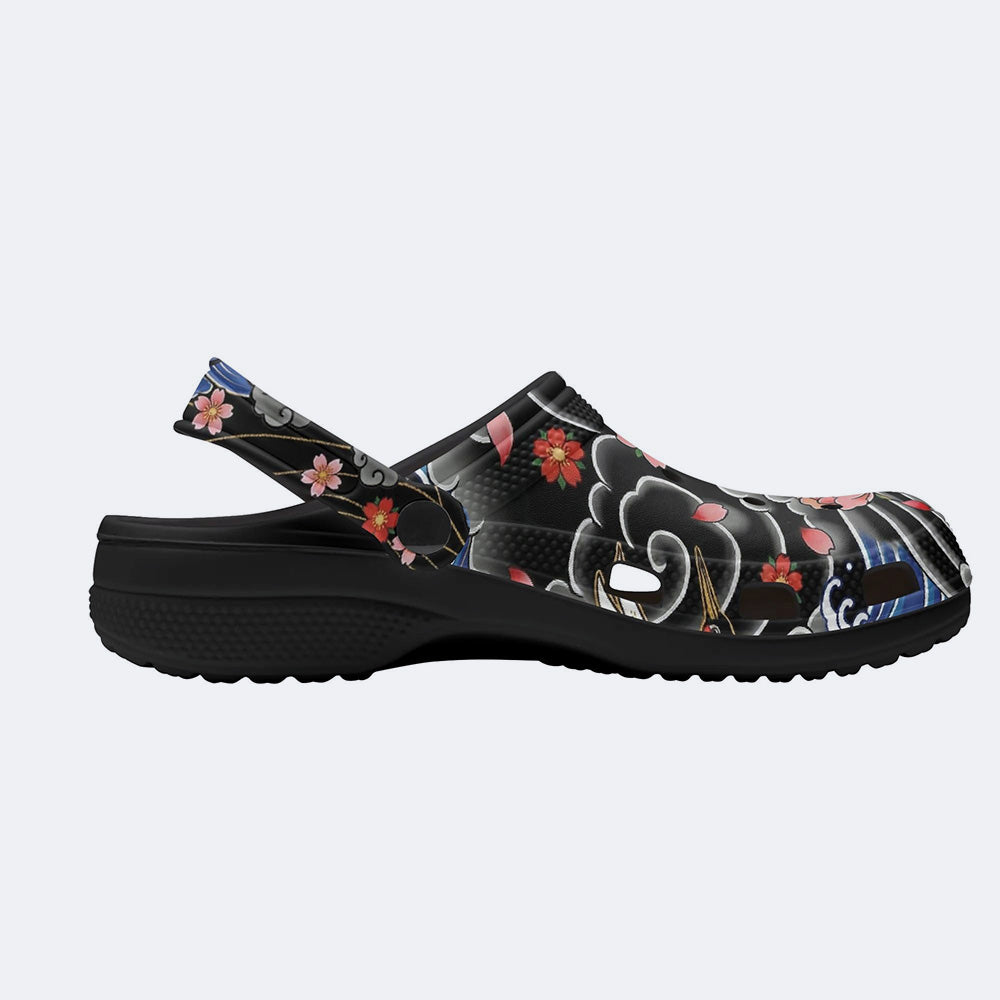 Irezumi Peonies and Cranes Print Fleece-Lined Clogs
