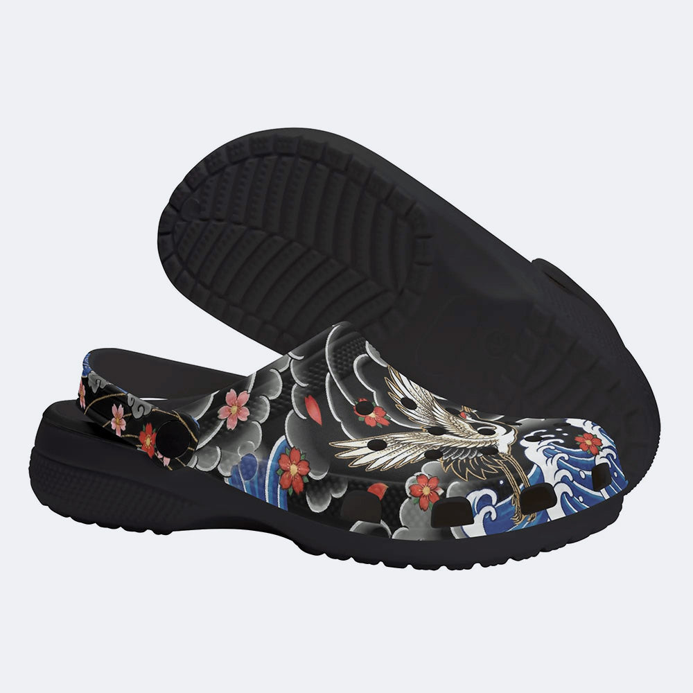 Irezumi Peonies and Cranes Print Fleece-Lined Clogs
