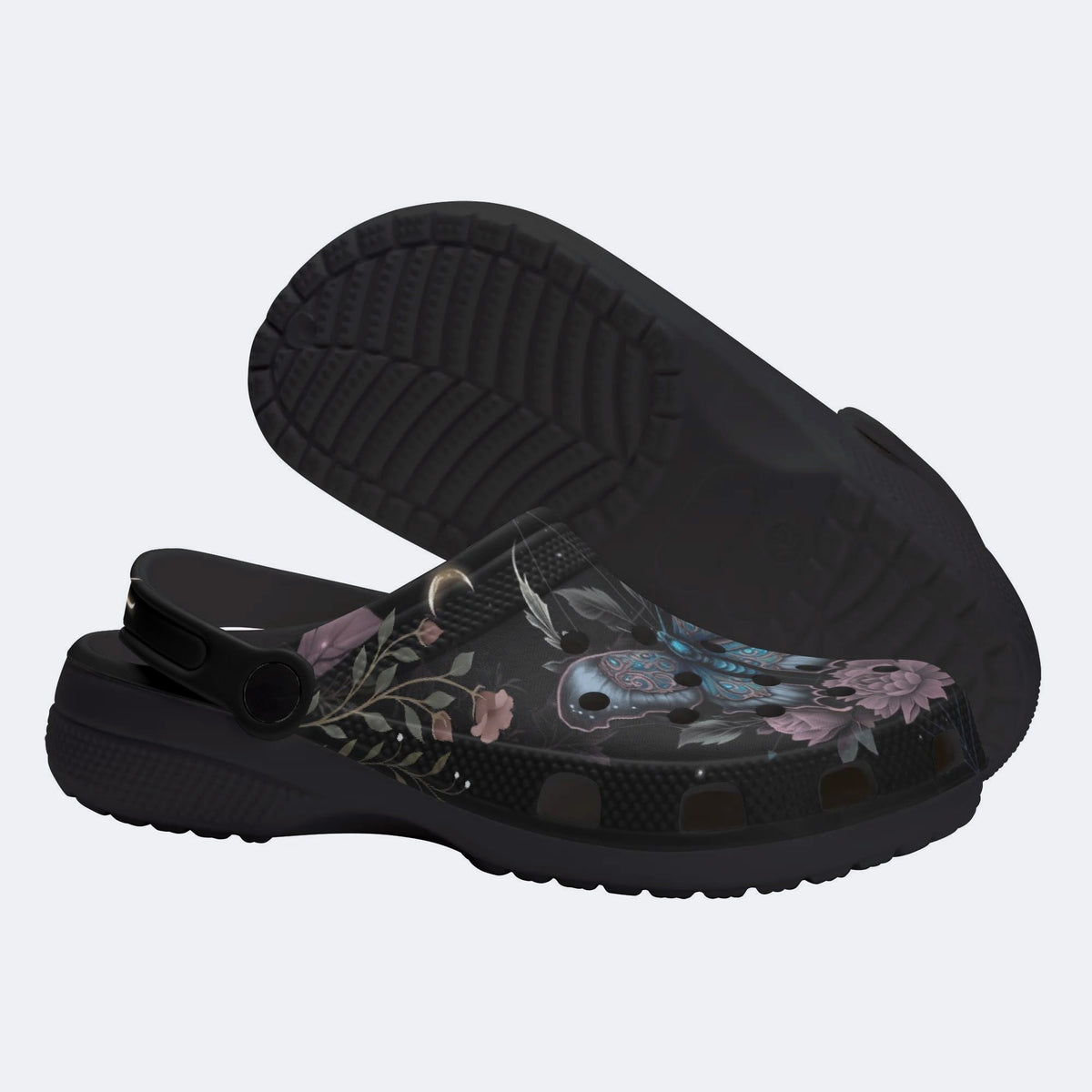 Floral Moth Print Fleece-Lined Clogs