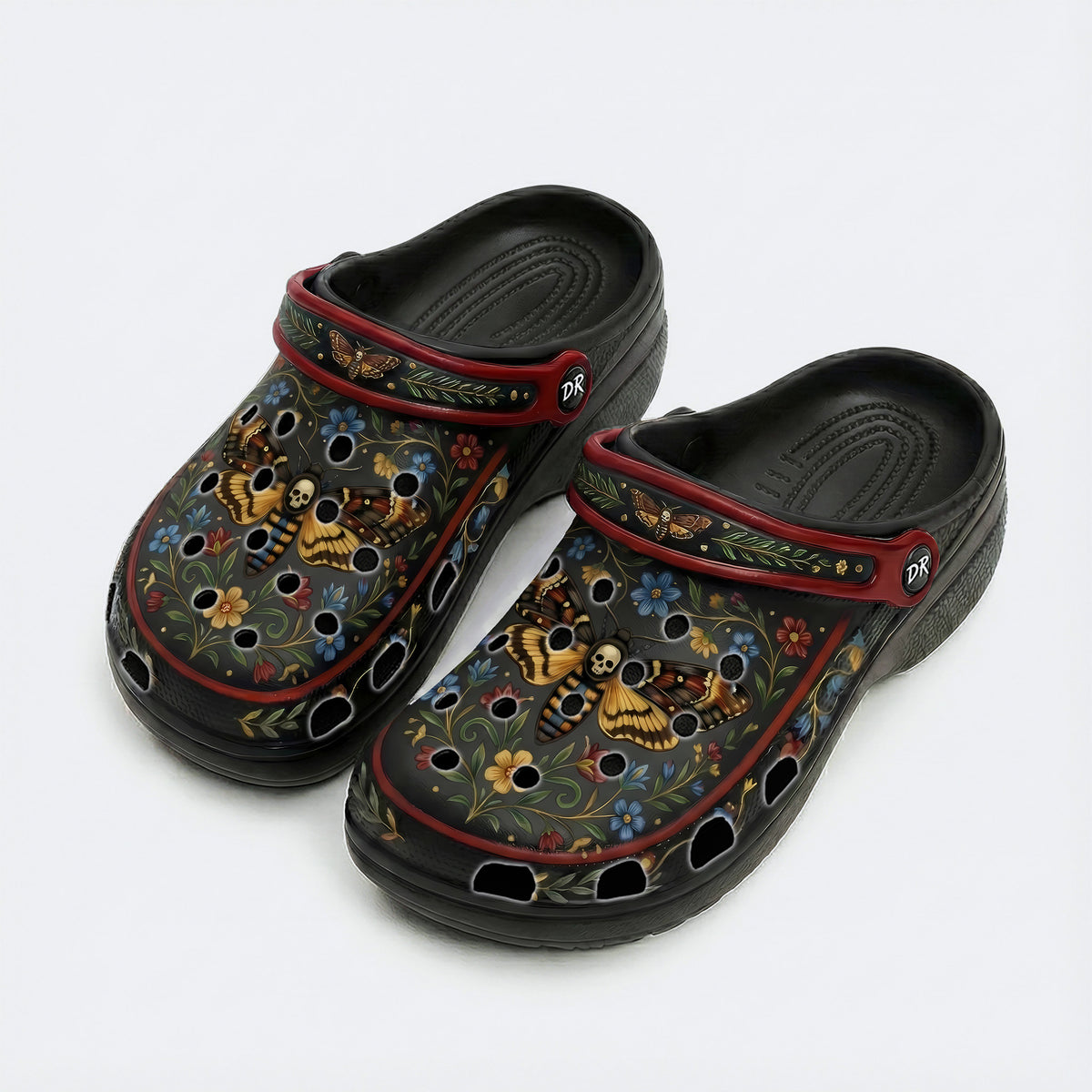 Death Moth Vintage Wreath Print Clogs