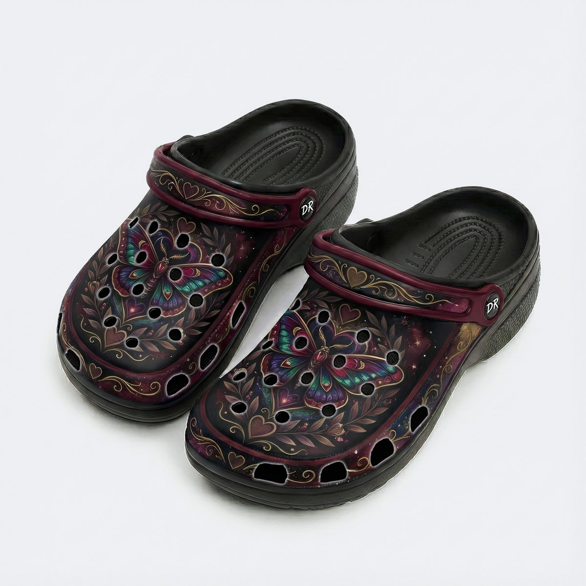 Dark Romantic Psychedelic Moth Print Fleece-Lined Clogs