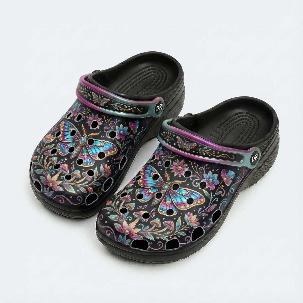 Iridescent Romantic Jewel Moth Print Clogs