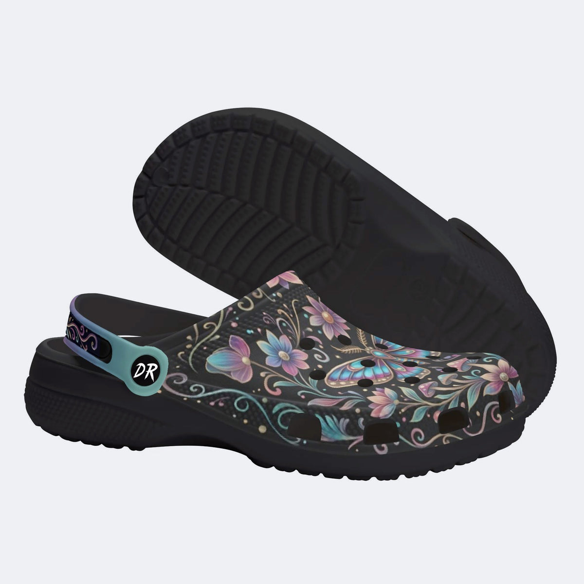 Iridescent Romantic Jewel Moth Print Clogs