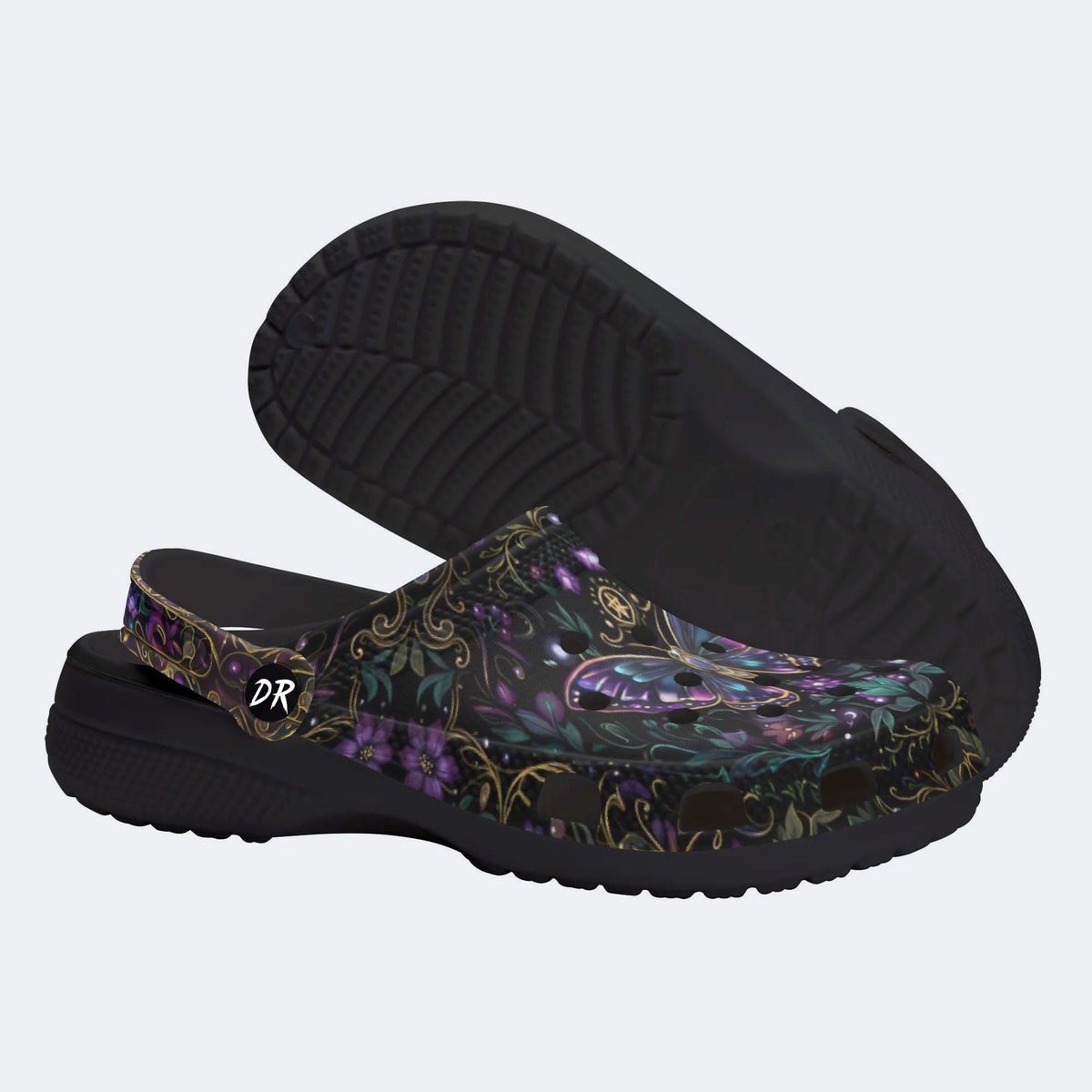 Dark Psychedelic Butterfly Wreath Print Fleece-Lined Clogs