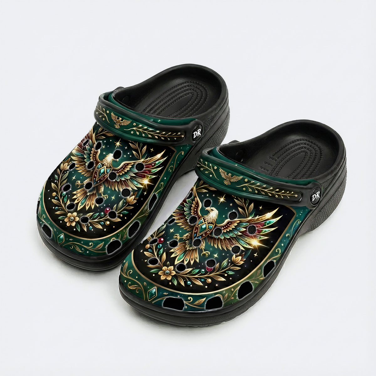 Jewel Eagle Vintage Wreath Print Fleece-Lined Clogs