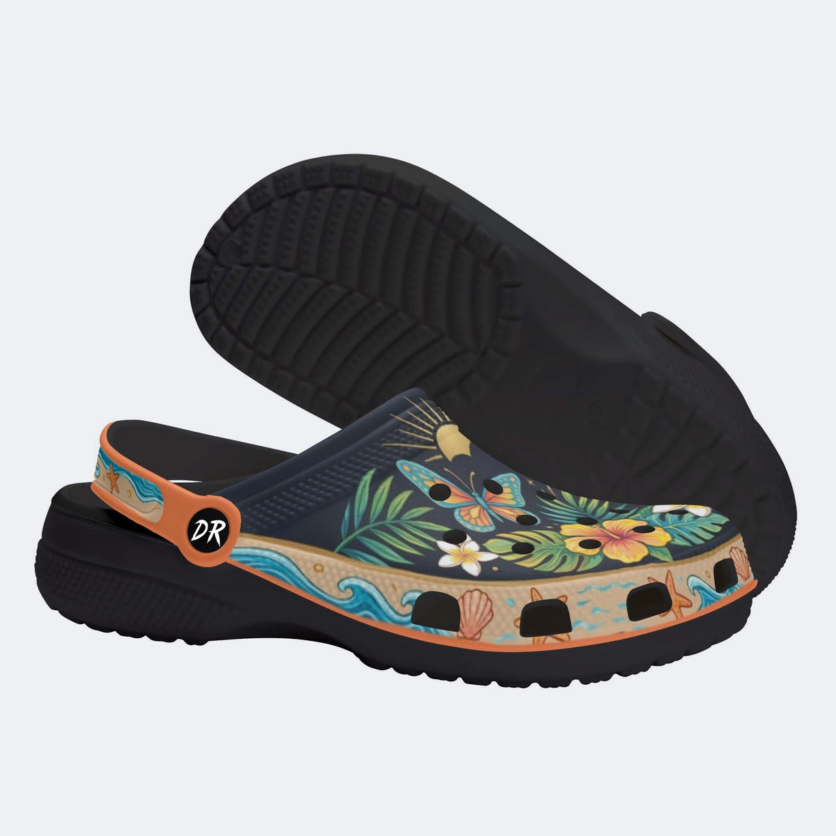 Tropical Butterfly Hibiscus Print Fleece-Lined Clogs