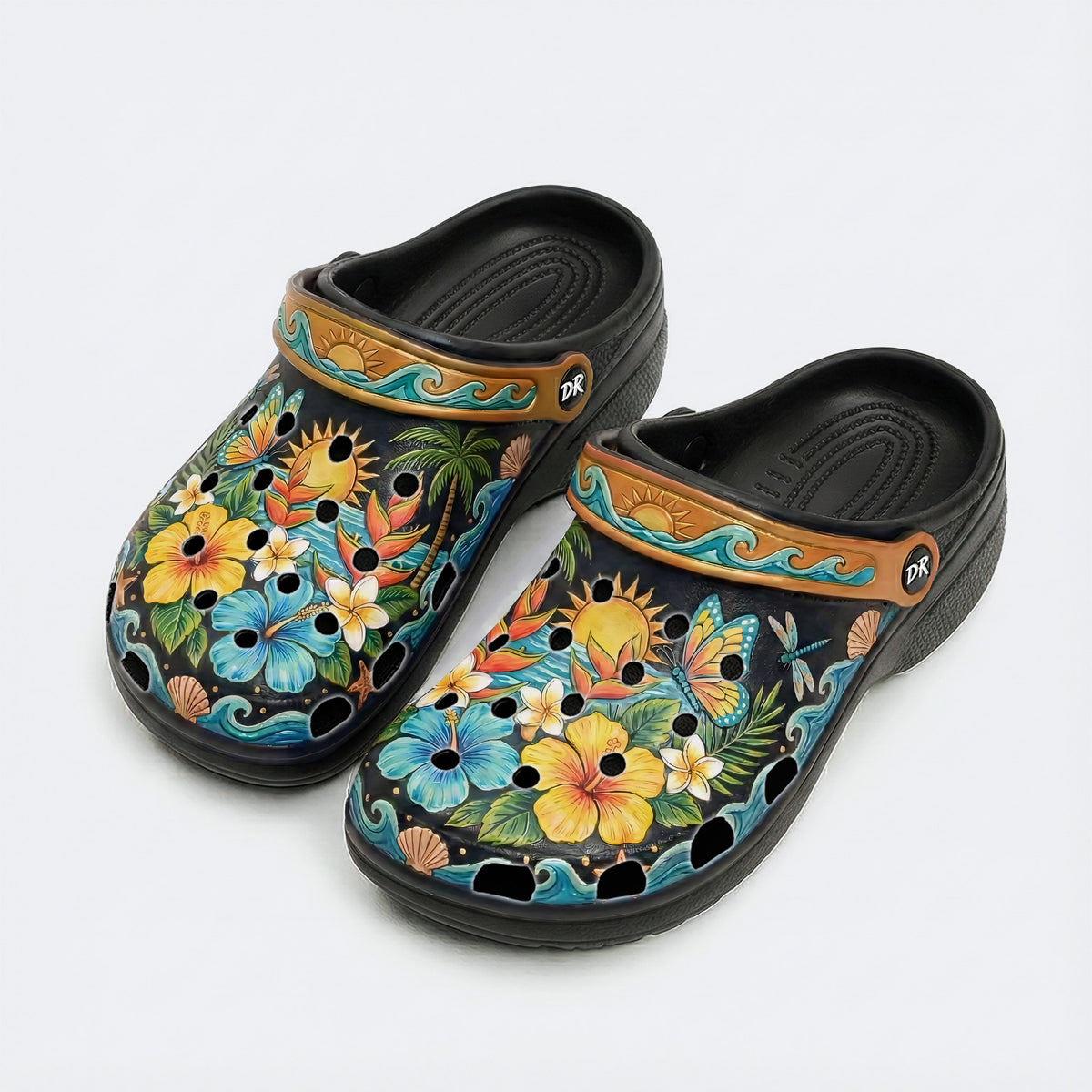 Tropical Floral Hibiscus Print Fleece-Lined Clogs