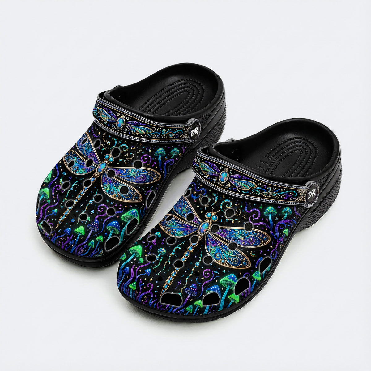 Psychedelic Jeweled Dragonfly Print Fleece-Lined Clogs