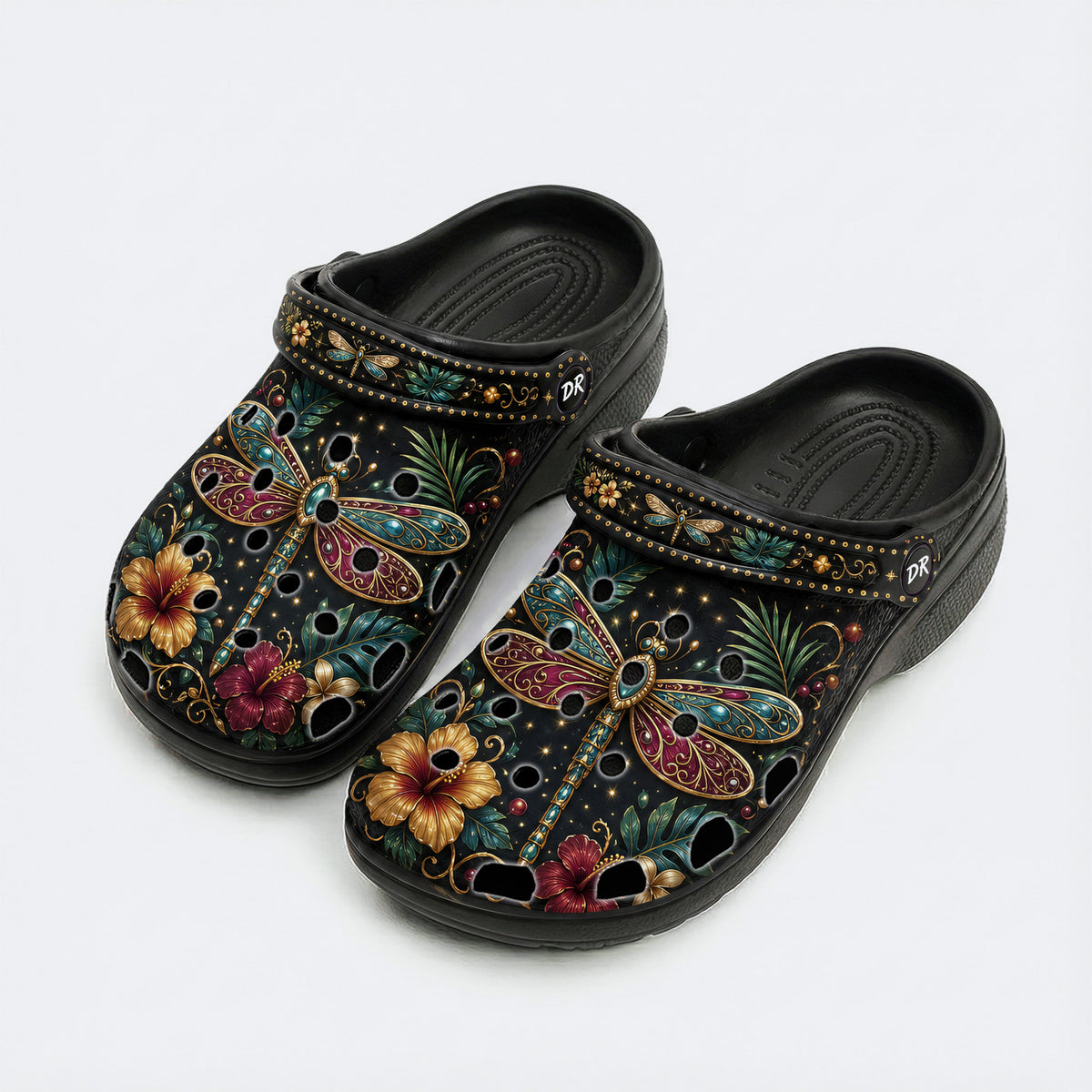 Jewel Dragonfly Vintage Wreath Print Clogs