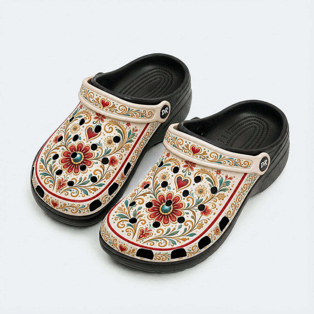 Ornate Floral Heart Print Clogs