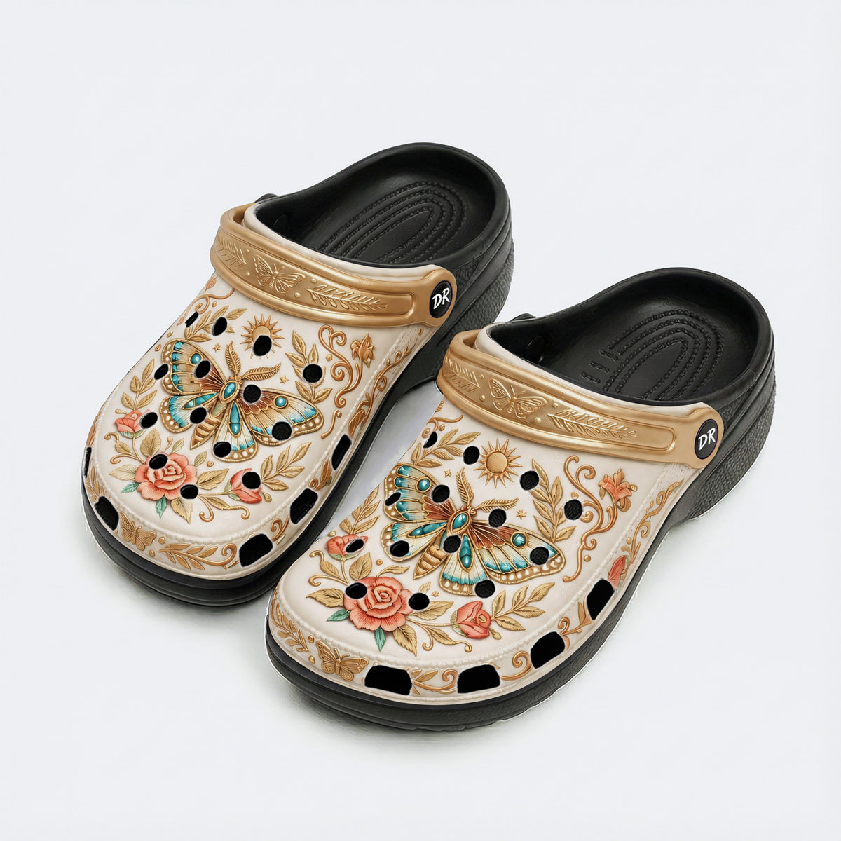 Vintage Moth Rose Print Clogs