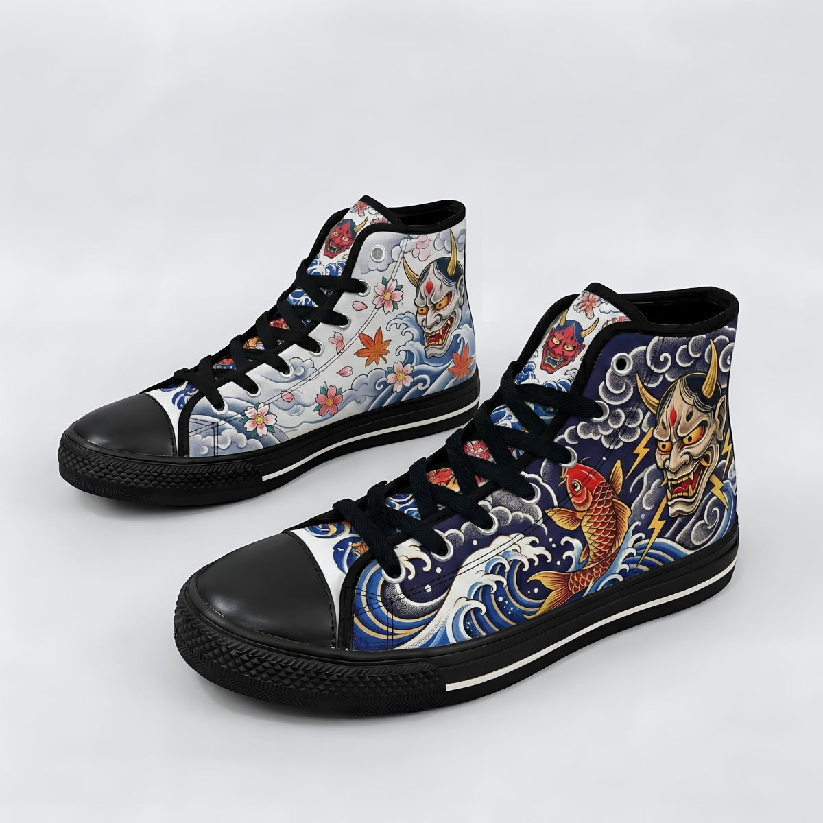 Irezumi Wave & Koi & Demon Face Print High-Top Sneakers