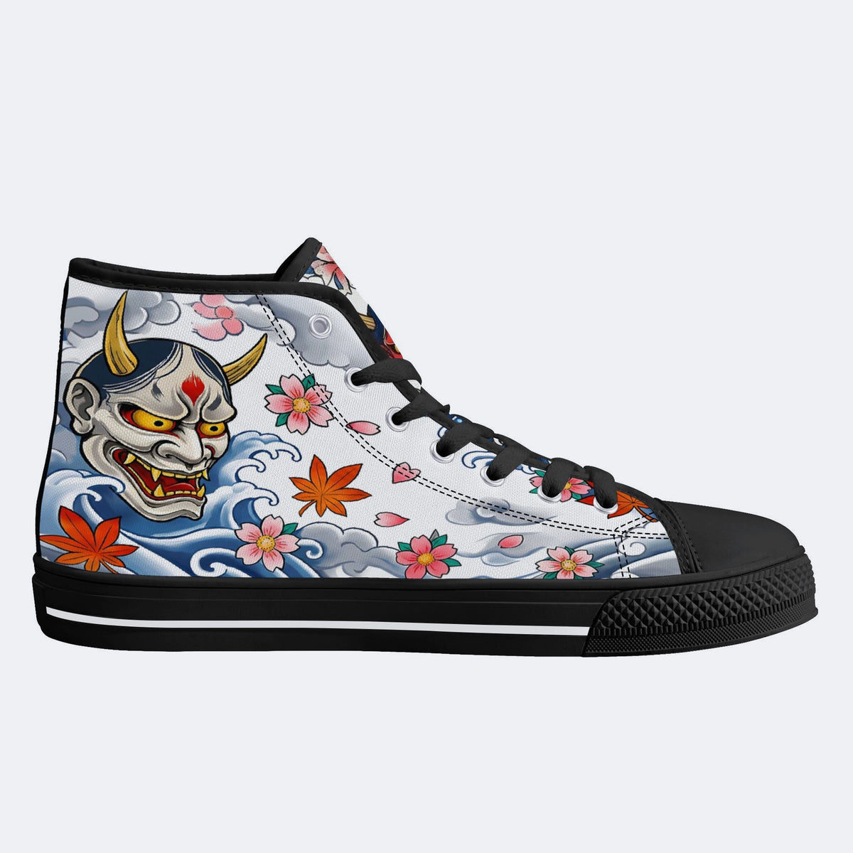 Irezumi Wave & Koi & Demon Face Print High-Top Sneakers