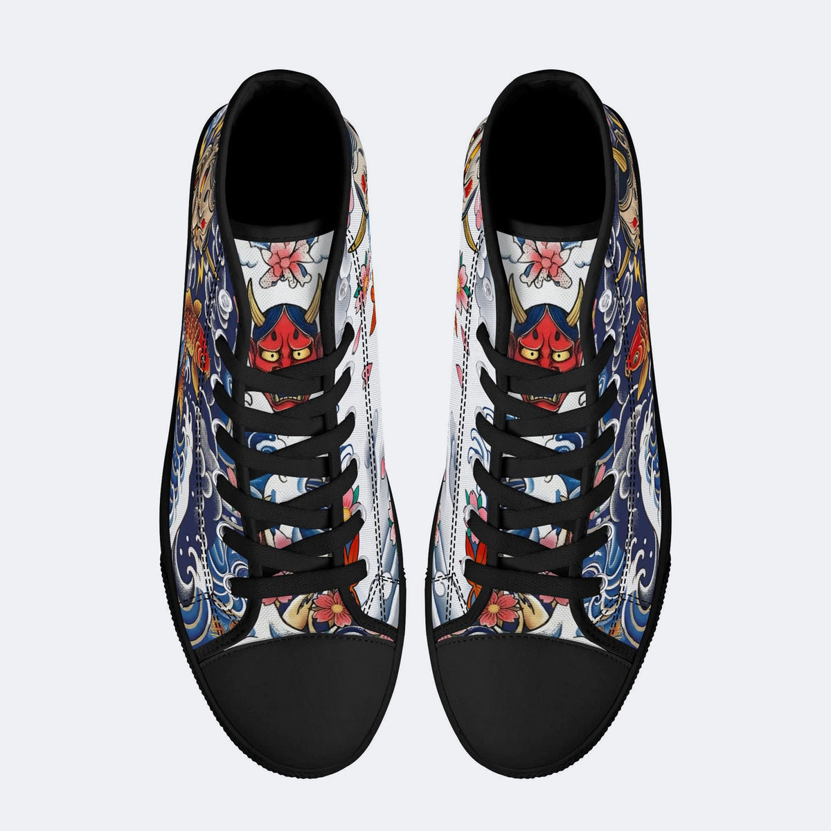 Irezumi Wave & Koi & Demon Face Print High-Top Sneakers