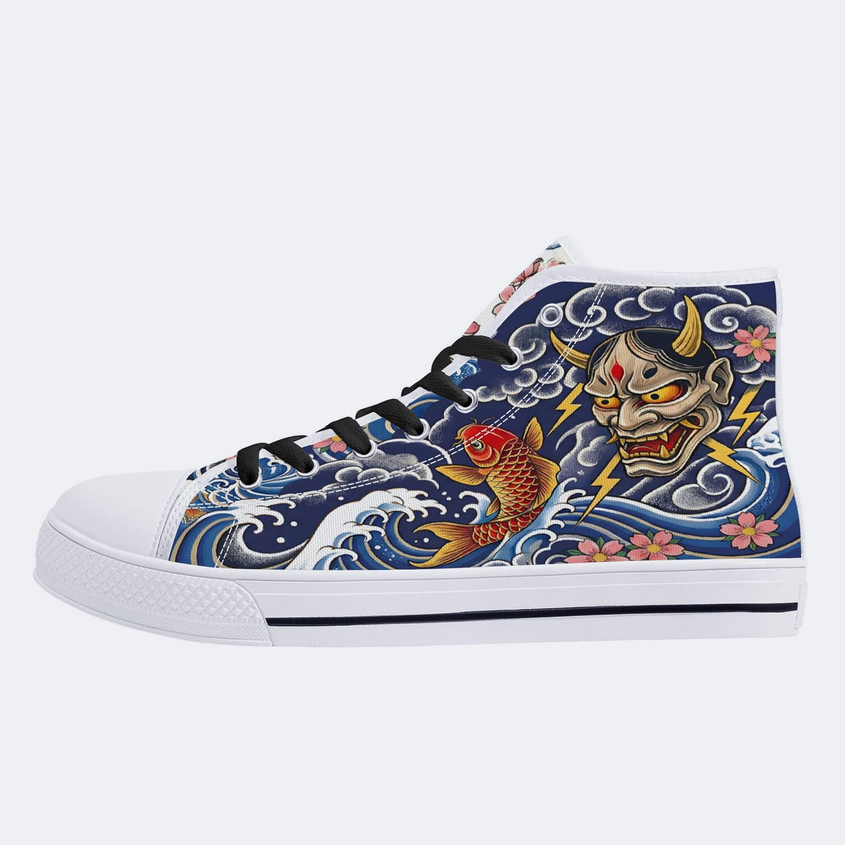 Irezumi Wave & Koi & Demon Face Print High-Top Sneakers