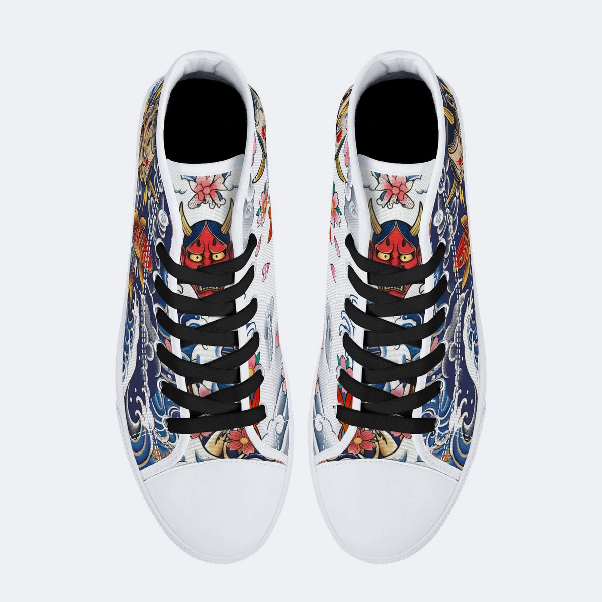 Irezumi Wave & Koi & Demon Face Print High-Top Sneakers
