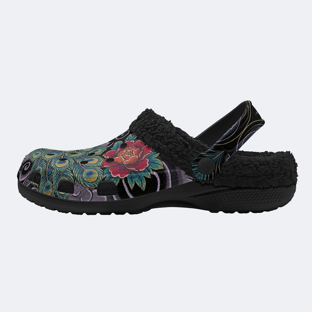 Irezumi Peacock in the Clouds Print Fleece-Lined Clogs