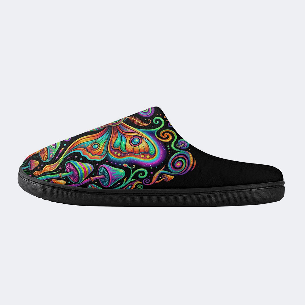 Psychedelic Retro Moth Forest Print Fleece-Lined Slippers