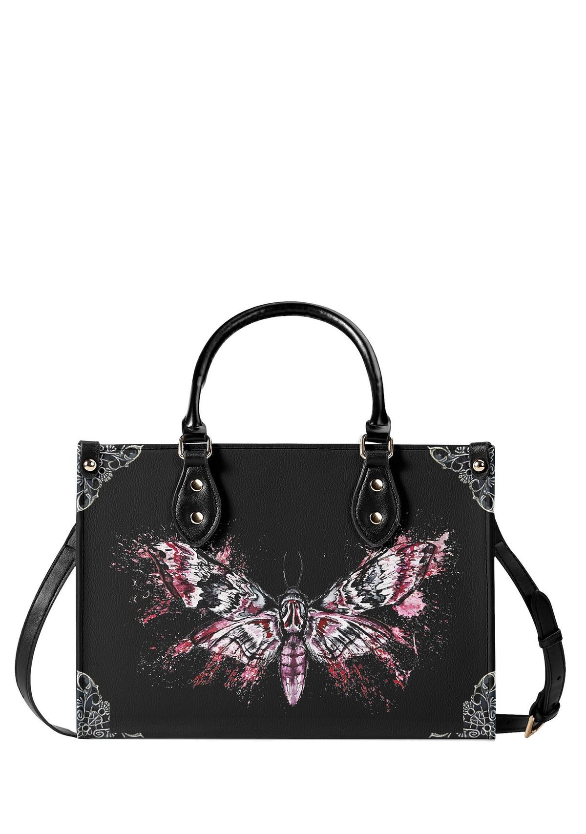 black gothic handbag with pink splatter-style death moth illustration and floral corner details