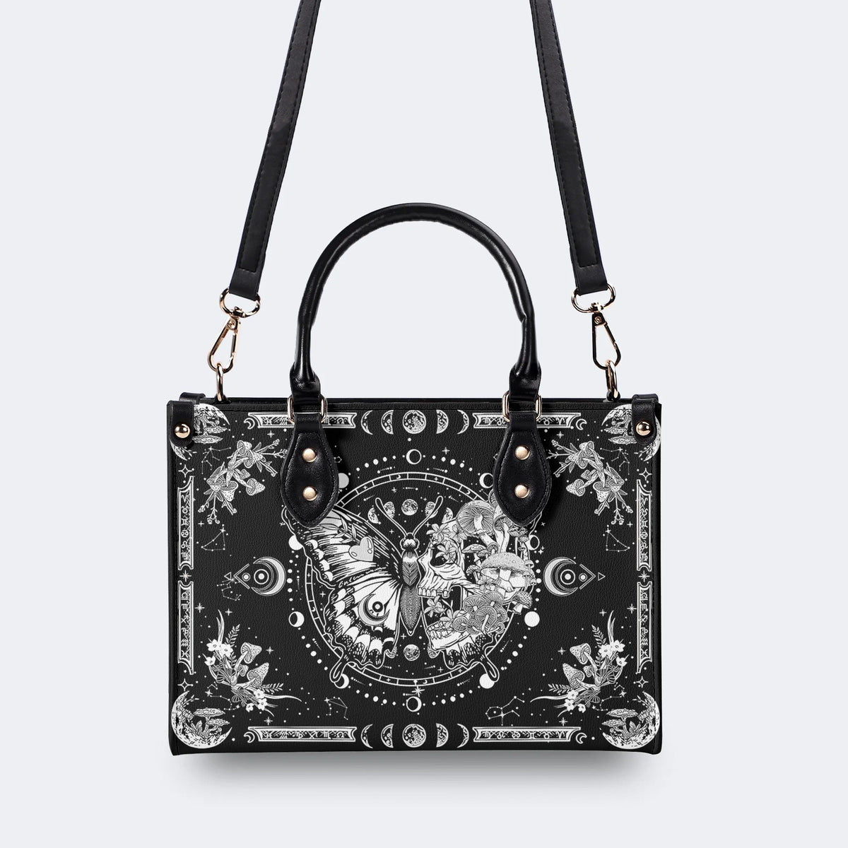Tarot Skull Butterfly Print - Leather Handbag