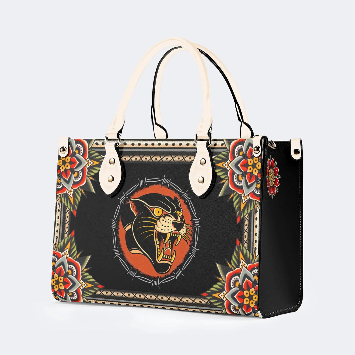 Vintage Black Panther With Flowers - Leather Handbag