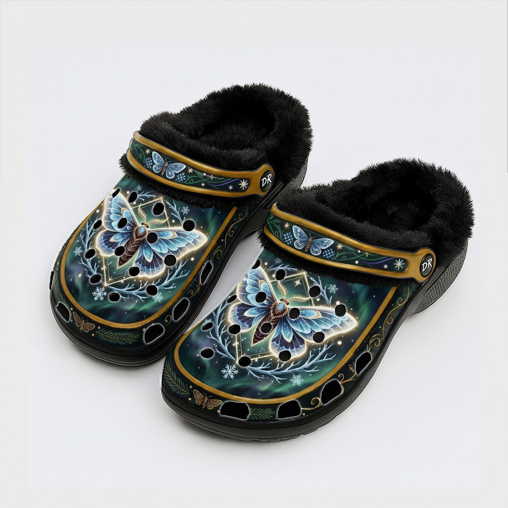 Ice Crystal Light Moth Print Fleece-Lined Clogs