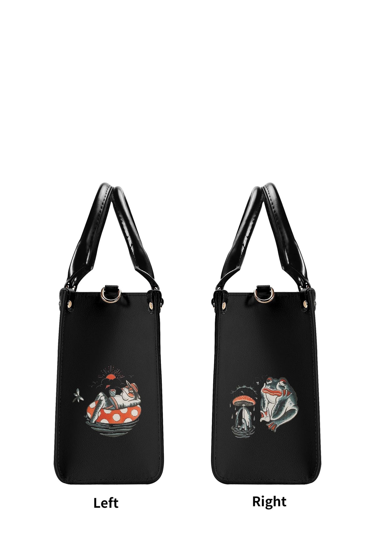 Left and right side panels of frog handbag showing mushroom and pond illustrations