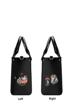 Left and right side panels of frog handbag showing mushroom and pond illustrations